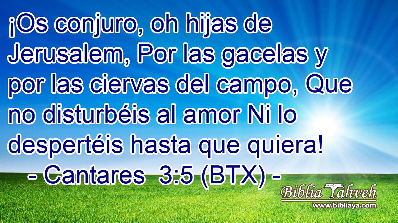 ¡Os conjuro, oh hijas de Jerusalem, Por las gacelas y por las ciervas del campo, Que no disturbéis al amor Ni lo despertéis hasta que quiera!