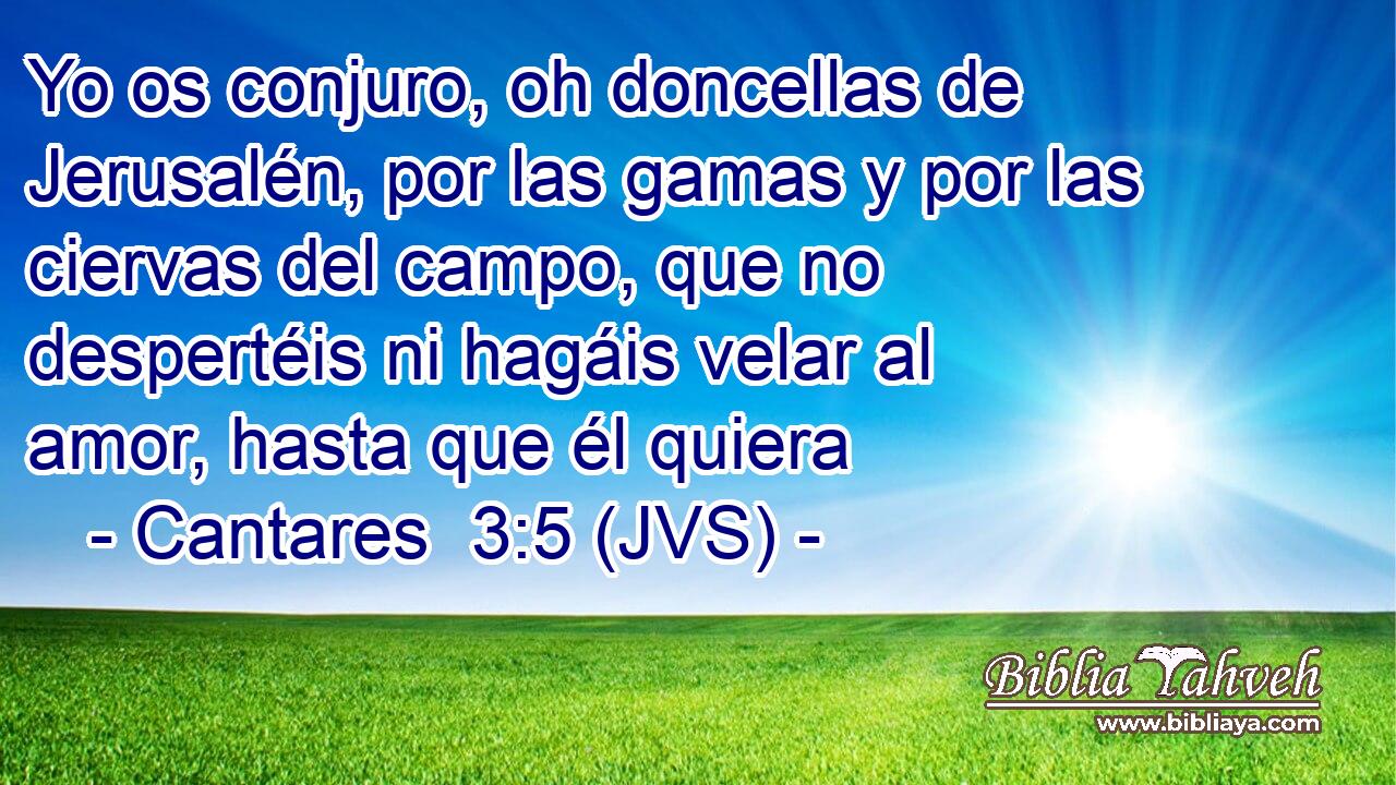Yo os conjuro, oh doncellas de Jerusalén, por las gamas y por las ciervas del campo, que no despertéis ni hagáis velar al amor, hasta que él quiera
