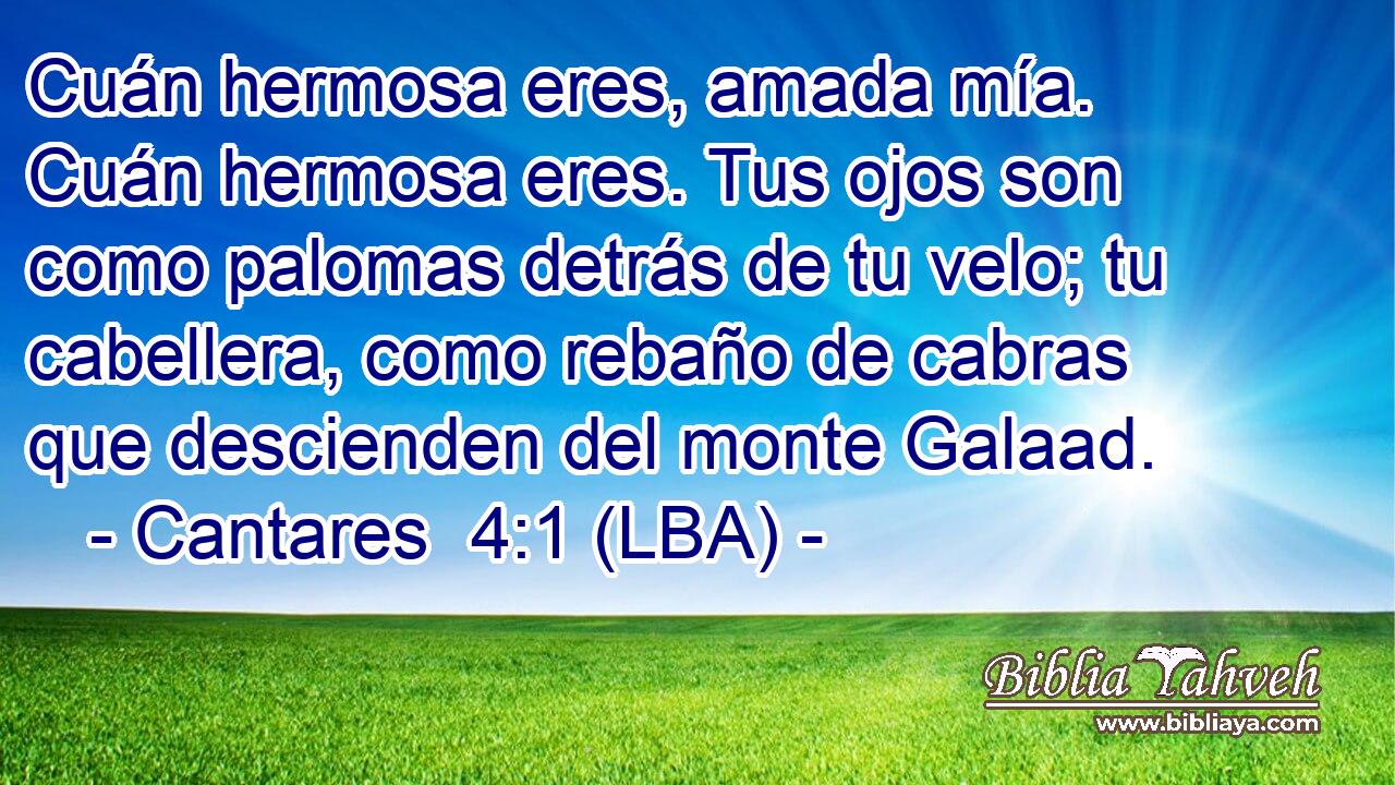 Cuán hermosa eres, amada mía. Cuán hermosa eres. Tus ojos son como palomas detrás de tu velo; tu cabellera, como rebaño de cabras que descienden del monte Galaad.