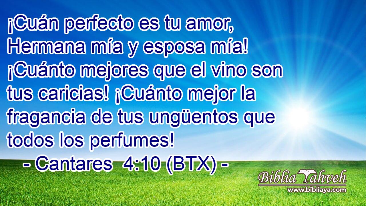 ¡Cuán perfecto es tu amor, Hermana mía y esposa mía! ¡Cuánto mejores que el vino son tus caricias! ¡Cuánto mejor la fragancia de tus ungüentos que todos los perfumes!