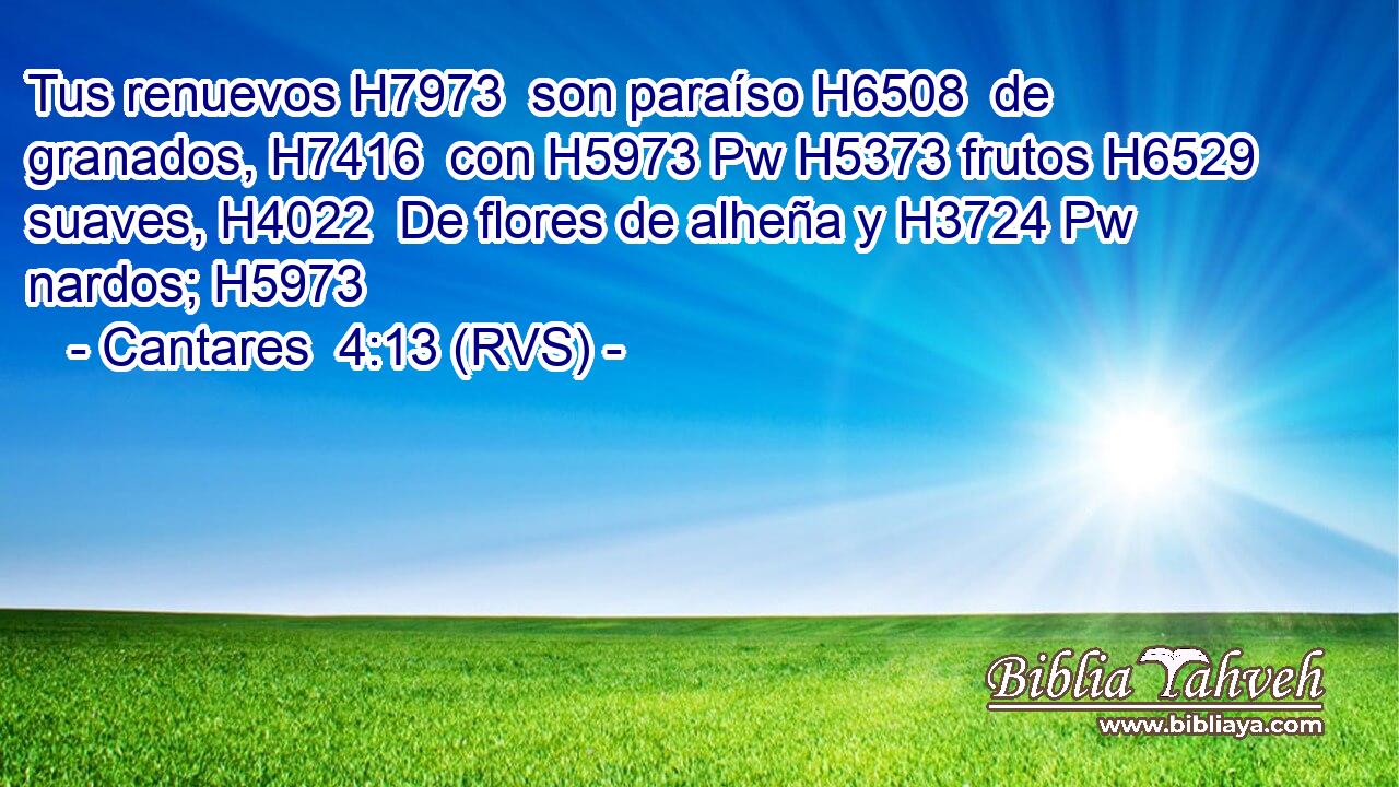 Tus renuevos H7973  son paraíso H6508  de granados, H7416  con H5973 Pw H5373 frutos H6529  suaves, H4022  De flores de alheña y H3724 Pw nardos; H5973  
