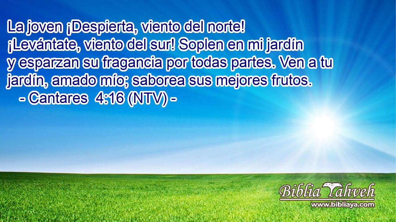 La joven ¡Despierta, viento del norte! ¡Levántate, viento del sur! Soplen en mi jardín y esparzan su fragancia por todas partes. Ven a tu jardín, amado mío; saborea sus mejores frutos.