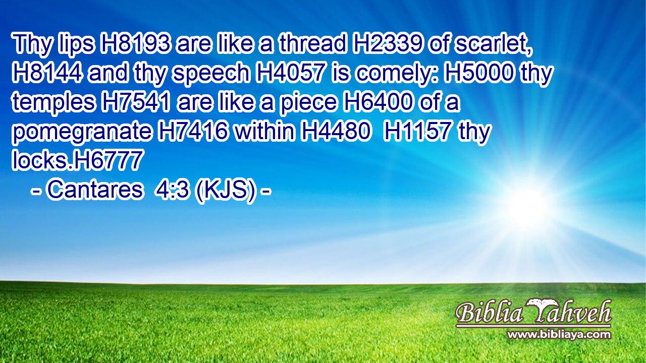 Thy lips H8193 are like a thread H2339 of scarlet, H8144 and thy speech H4057 is comely: H5000 thy temples H7541 are like a piece H6400 of a pomegranate H7416 within H4480  H1157 thy locks.H6777