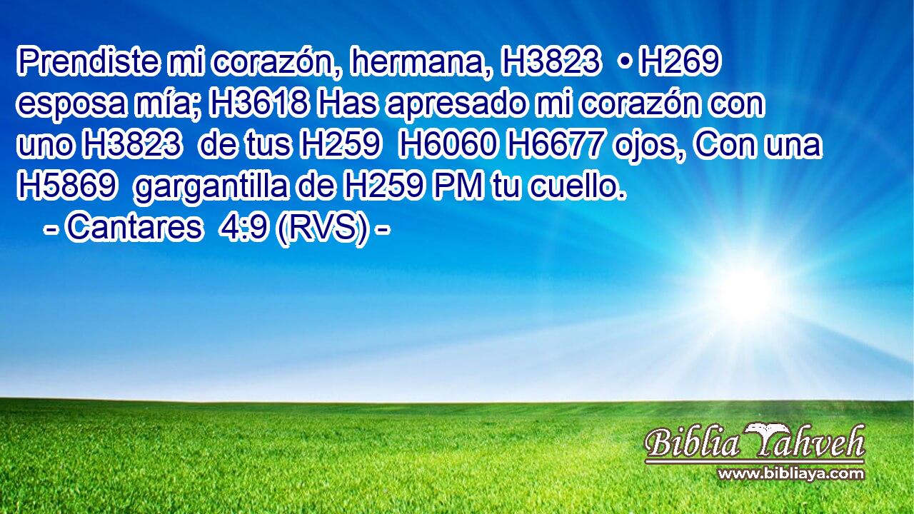 Prendiste mi corazón, hermana, H3823  • H269  esposa mía; H3618 Has apresado mi corazón con uno H3823  de tus H259  H6060 H6677 ojos, Con una H5869  gargantilla de H259 PM tu cuello. 