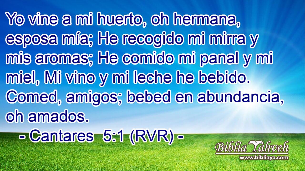Yo vine a mi huerto, oh hermana, esposa mía; He recogido mi mirra y mis aromas; He comido mi panal y mi miel, Mi vino y mi leche he bebido. Comed, amigos; bebed en abundancia, oh amados.