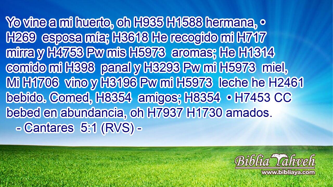 Yo vine a mi huerto, oh H935 H1588 hermana, • H269  esposa mía; H3618 He recogido mi H717  mirra y H4753 Pw mis H5973  aromas; He H1314 comido mi H398  panal y H3293 Pw mi H5973  miel, Mi H1706  vino y H3196 Pw mi H5973  leche he H2461 bebido. Comed, H8354  amigos; H8354  • H7453 CC bebed en abundancia, oh H7937 H1730 amados. 