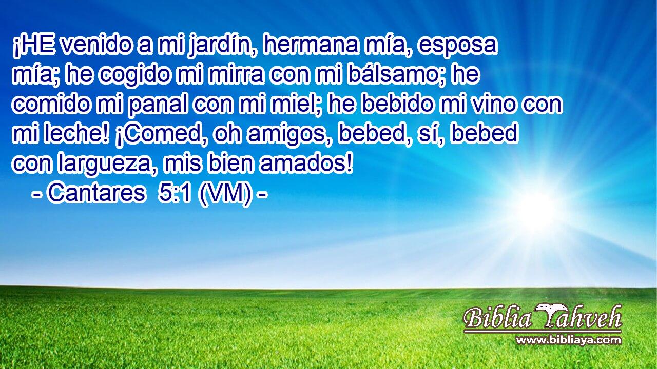  ¡HE venido a mi jardín, hermana mía, esposa mía; he cogido mi mirra con mi bálsamo; he comido mi panal con mi miel; he bebido mi vino con mi leche! ¡Comed, oh amigos, bebed, sí, bebed con largueza, mis bien amados! 