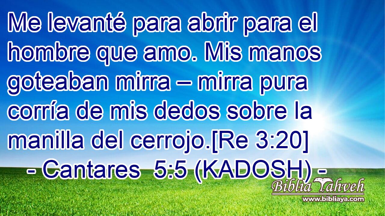  Me levanté para abrir para el hombre que amo. Mis manos goteaban mirra – mirra pura corría de mis dedos sobre la manilla del cerrojo.[Re 3:20] 
