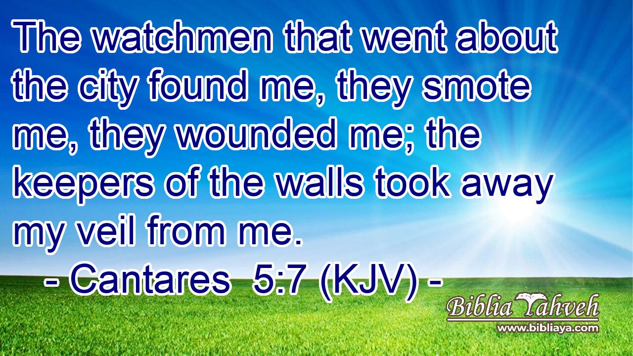 The watchmen that went about the city found me, they smote me, they wounded me; the keepers of the walls took away my veil from me.