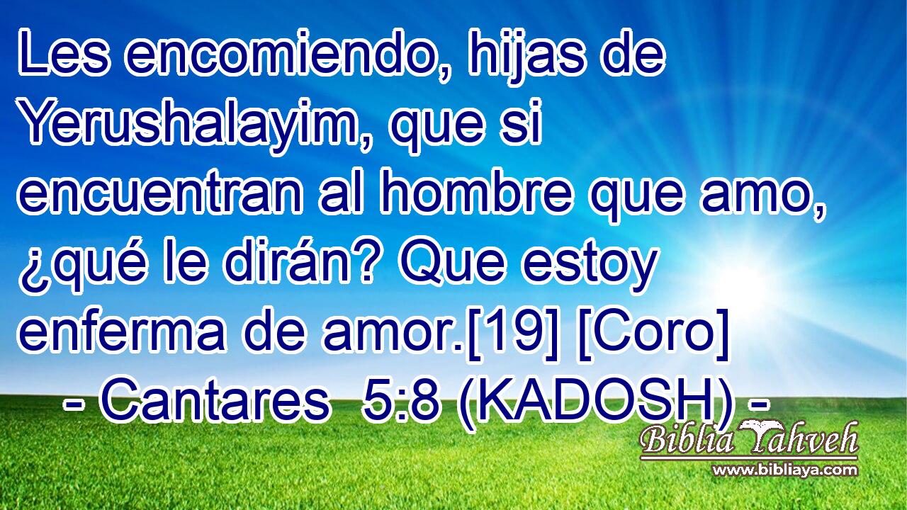  Les encomiendo, hijas de Yerushalayim, que si encuentran al hombre que amo, ¿qué le dirán? Que estoy enferma de amor.[19] [Coro] 