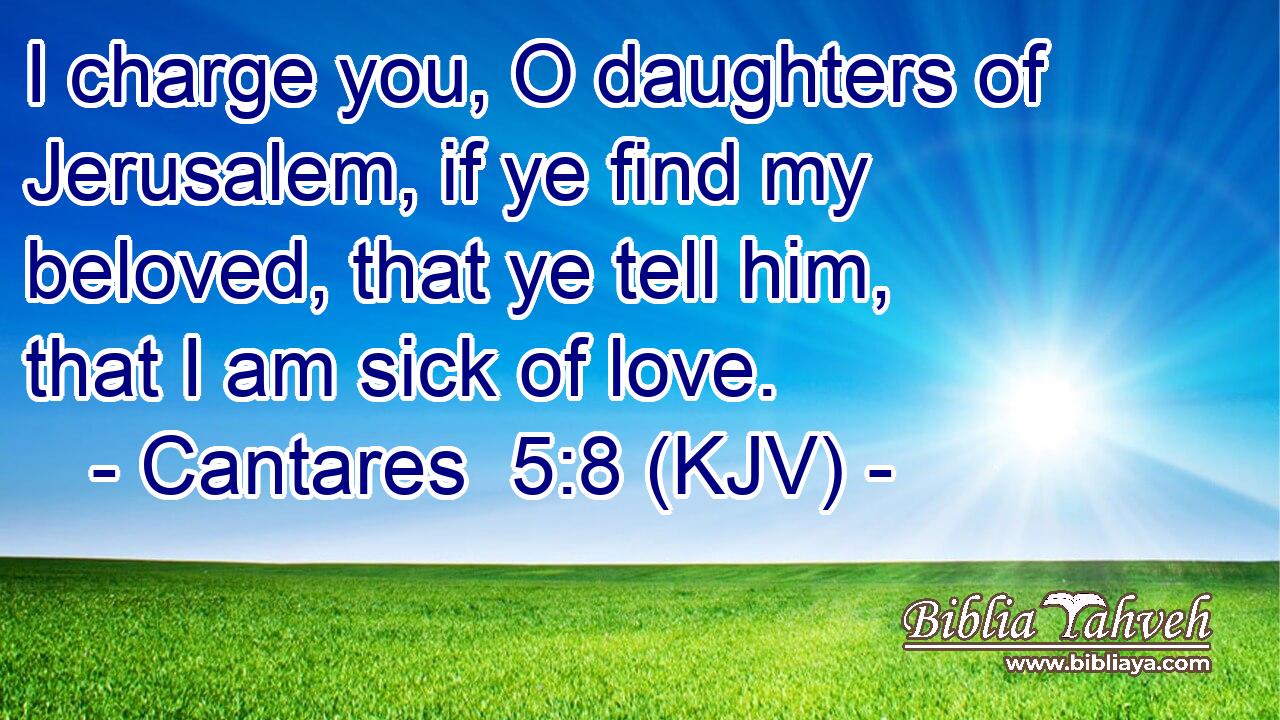 I charge you, O daughters of Jerusalem, if ye find my beloved, that ye tell him, that I am sick of love.