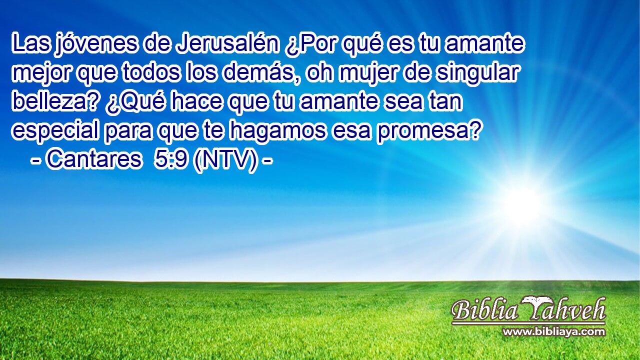 Las jóvenes de Jerusalén ¿Por qué es tu amante mejor que todos los demás, oh mujer de singular belleza? ¿Qué hace que tu amante sea tan especial para que te hagamos esa promesa?