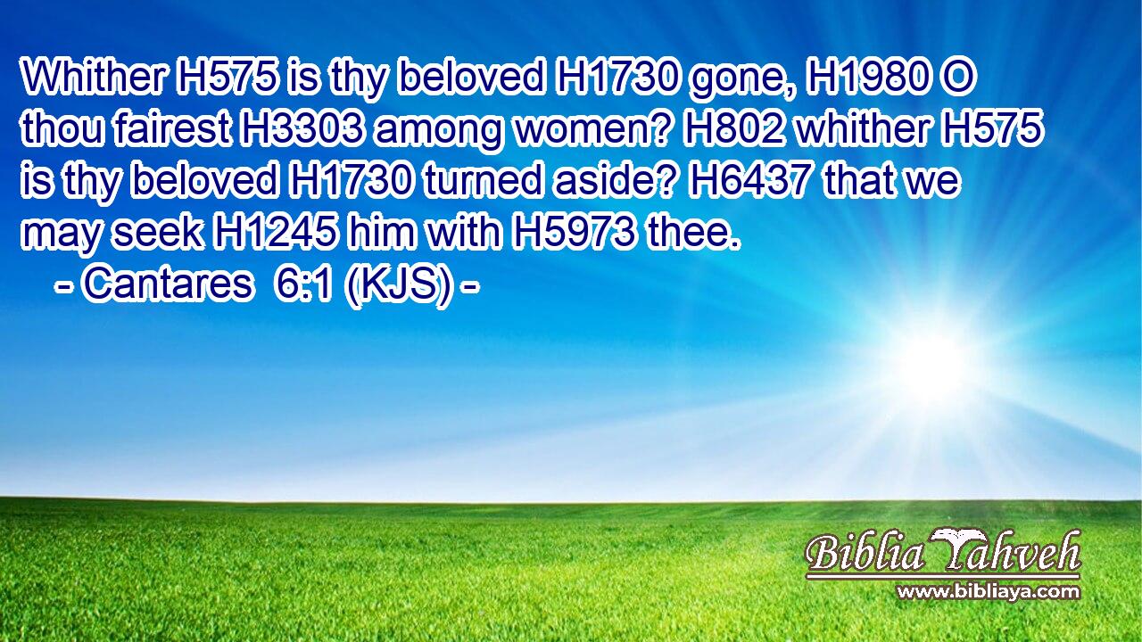 Whither H575 is thy beloved H1730 gone, H1980 O thou fairest H3303 among women? H802 whither H575 is thy beloved H1730 turned aside? H6437 that we may seek H1245 him with H5973 thee.