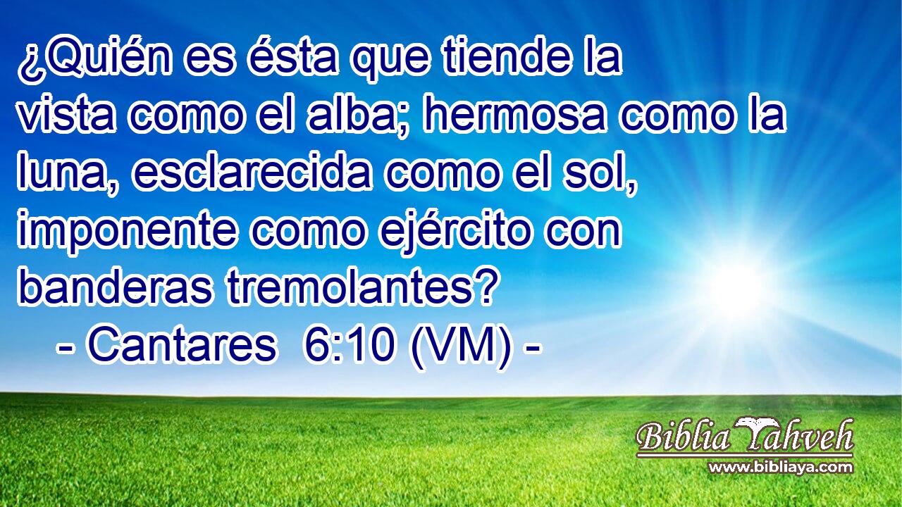  ¿Quién es ésta que tiende la vista como el alba; hermosa como la luna, esclarecida como el sol, imponente como ejército con banderas tremolantes? 