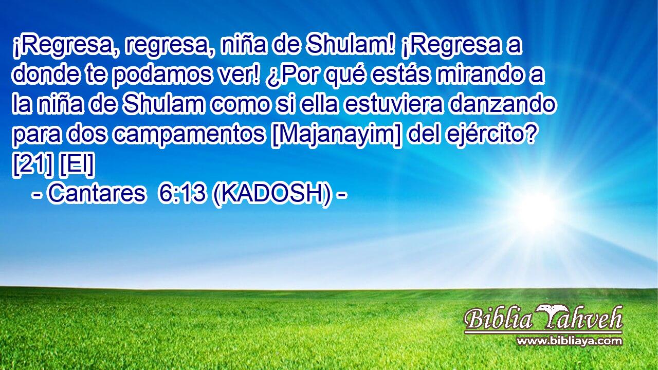 ¡Regresa, regresa, niña de Shulam! ¡Regresa a donde te podamos ver! ¿Por qué estás mirando a la niña de Shulam como si ella estuviera danzando para dos campamentos [Majanayim] del ejército? [21] [El] 