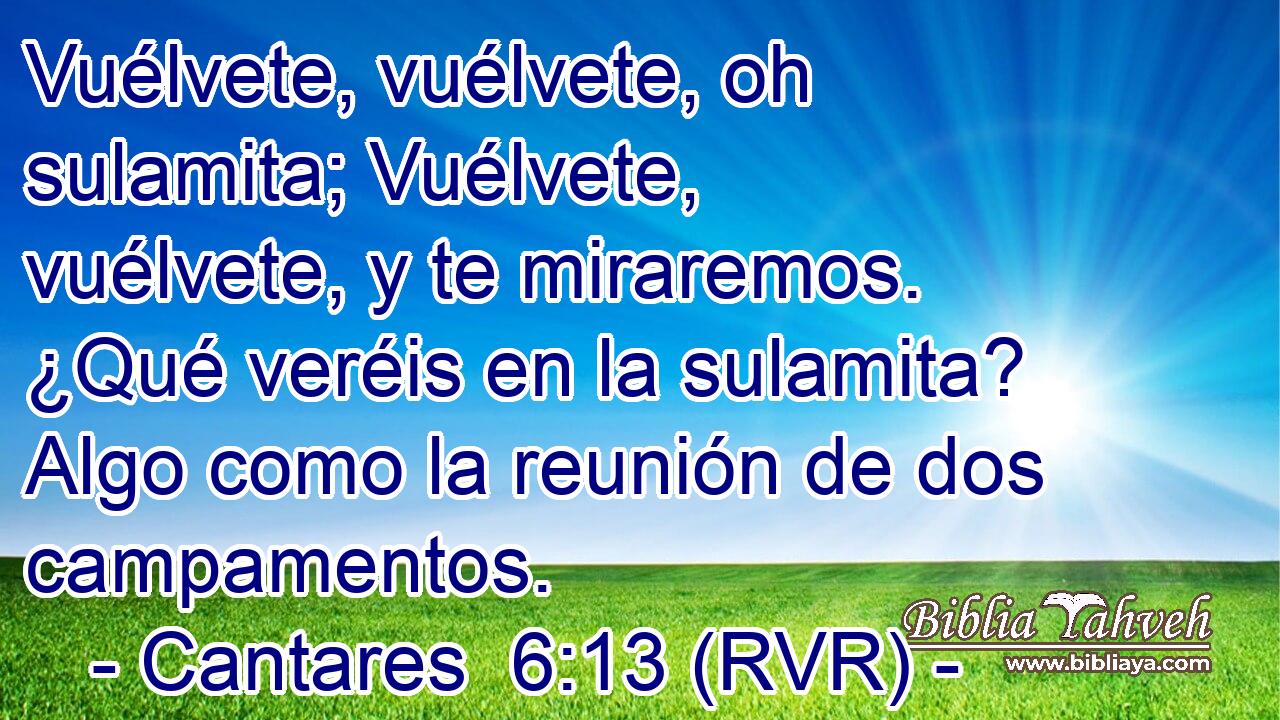Vuélvete, vuélvete, oh sulamita; Vuélvete, vuélvete, y te miraremos. ¿Qué veréis en la sulamita? Algo como la reunión de dos campamentos.