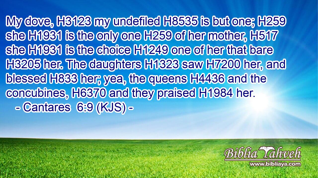 My dove, H3123 my undefiled H8535 is but one; H259 she H1931 is the only one H259 of her mother, H517 she H1931 is the choice H1249 one of her that bare H3205 her. The daughters H1323 saw H7200 her, and blessed H833 her; yea, the queens H4436 and the concubines, H6370 and they praised H1984 her.