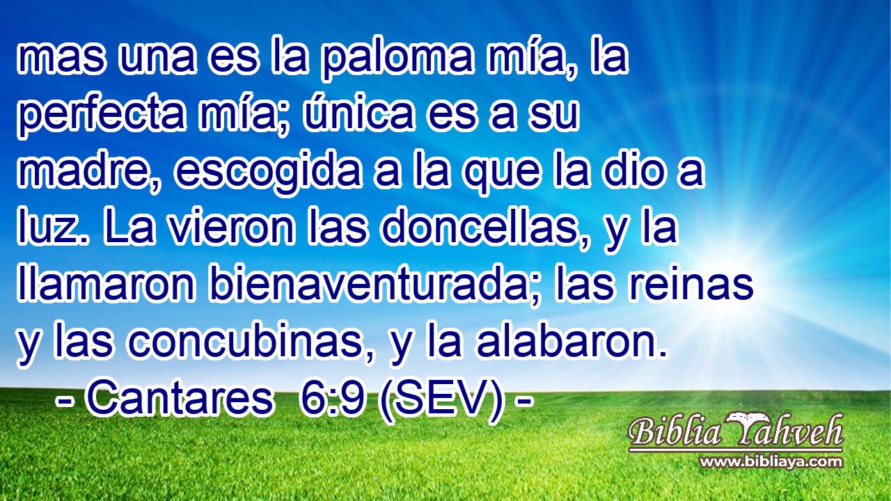 mas una es la paloma mía, la perfecta mía; única es a su madre, escogida a la que la dio a luz. La vieron las doncellas, y la llamaron bienaventurada; las reinas y las concubinas, y la alabaron.