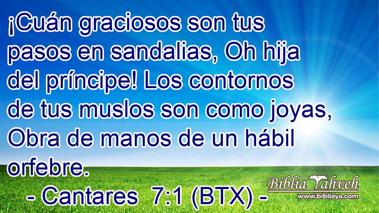 ¡Cuán graciosos son tus pasos en sandalias, Oh hija del príncipe! Los contornos de tus muslos son como joyas, Obra de manos de un hábil orfebre.
