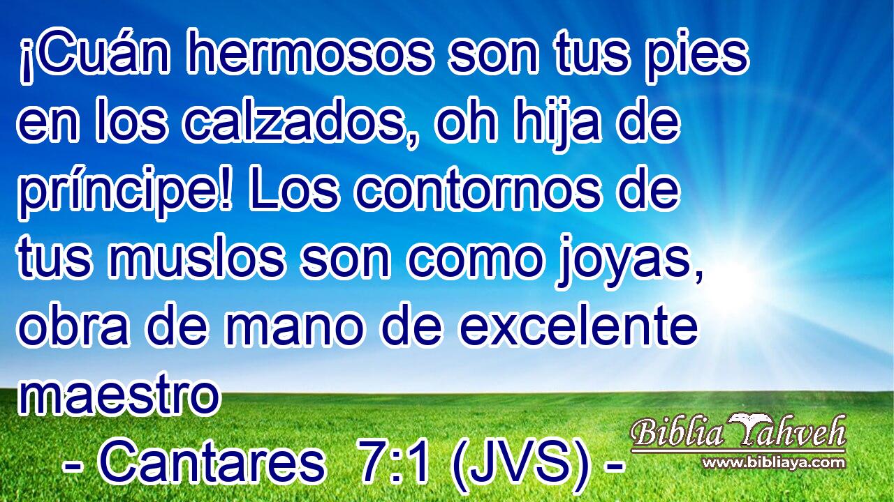 ¡Cuán hermosos son tus pies en los calzados, oh hija de príncipe! Los contornos de tus muslos son como joyas, obra de mano de excelente maestro