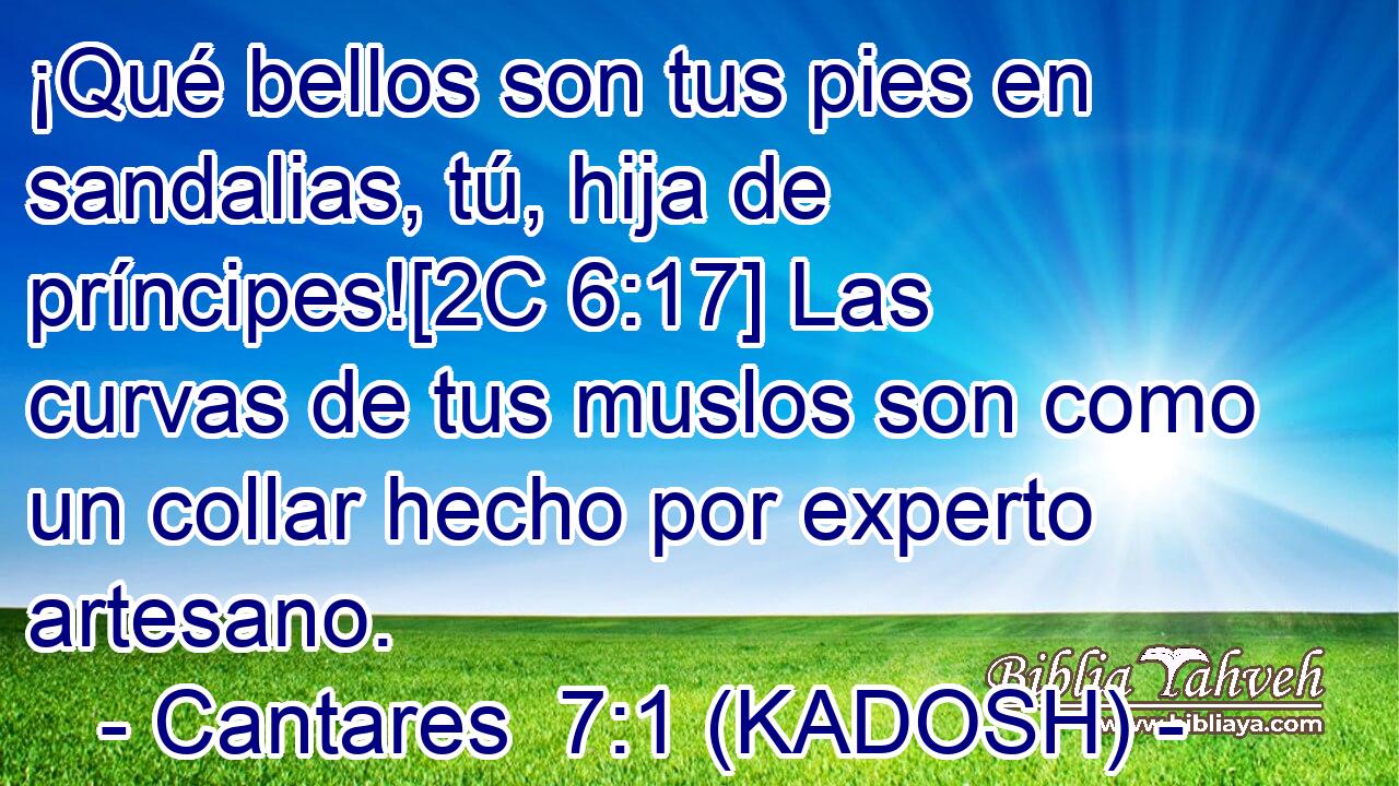  ¡Qué bellos son tus pies en sandalias, tú, hija de príncipes![2C 6:17] Las curvas de tus muslos son como un collar hecho por experto artesano. 