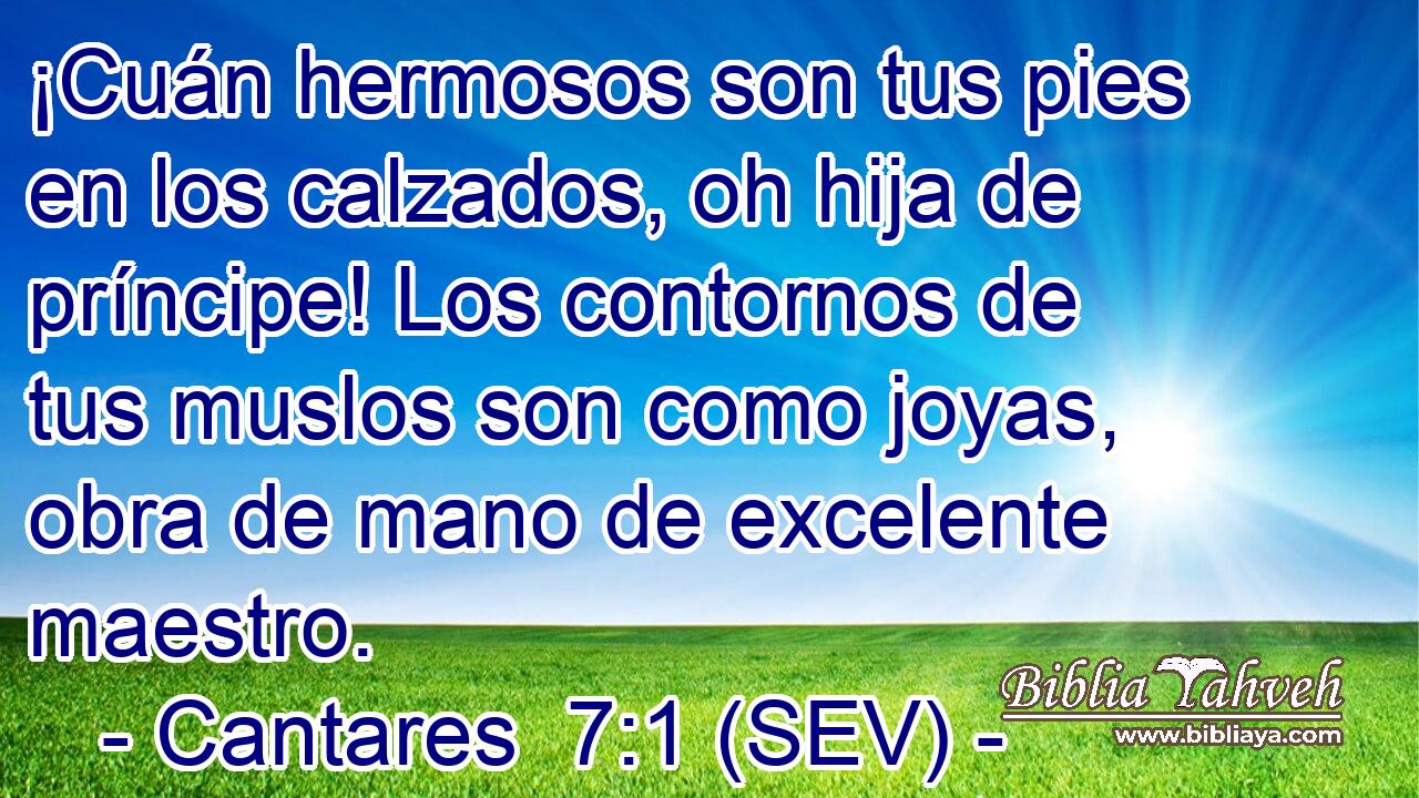 ¡Cuán hermosos son tus pies en los calzados, oh hija de príncipe! Los contornos de tus muslos son como joyas, obra de mano de excelente maestro.