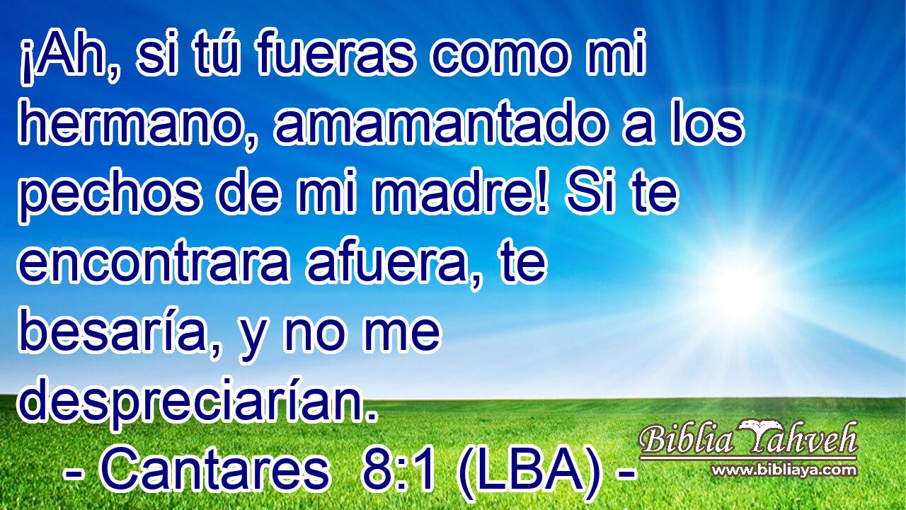 ¡Ah, si tú fueras como mi hermano, amamantado a los pechos de mi madre! Si te encontrara afuera, te besaría, y no me despreciarían.