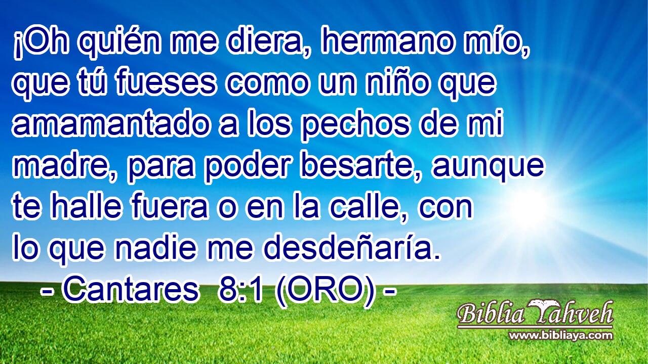  ¡Oh quién me diera, hermano mío, que tú fueses como un niño que amamantado a los pechos de mi madre, para poder besarte, aunque te halle fuera o en la calle, con lo que nadie me desdeñaría. 