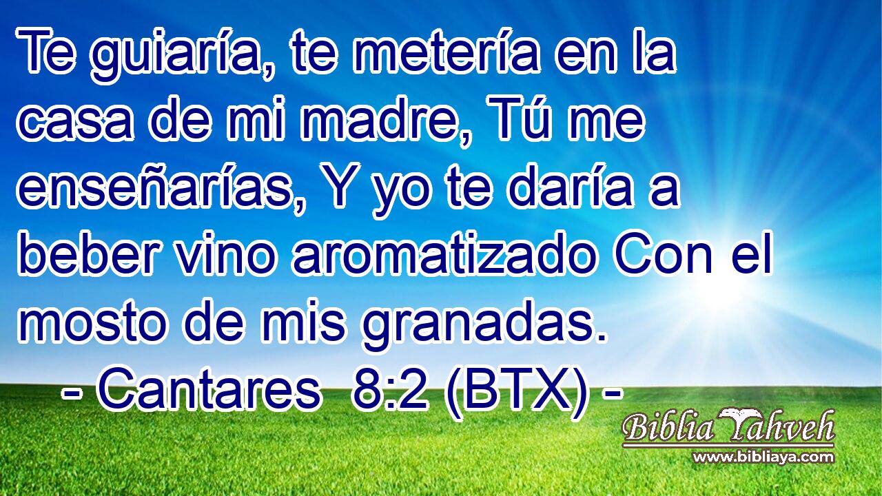 Te guiaría, te metería en la casa de mi madre, Tú me enseñarías, Y yo te daría a beber vino aromatizado Con el mosto de mis granadas.