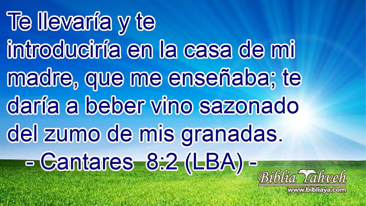 Te llevaría y te introduciría en la casa de mi madre, que me enseñaba; te daría a beber vino sazonado del zumo de mis granadas.