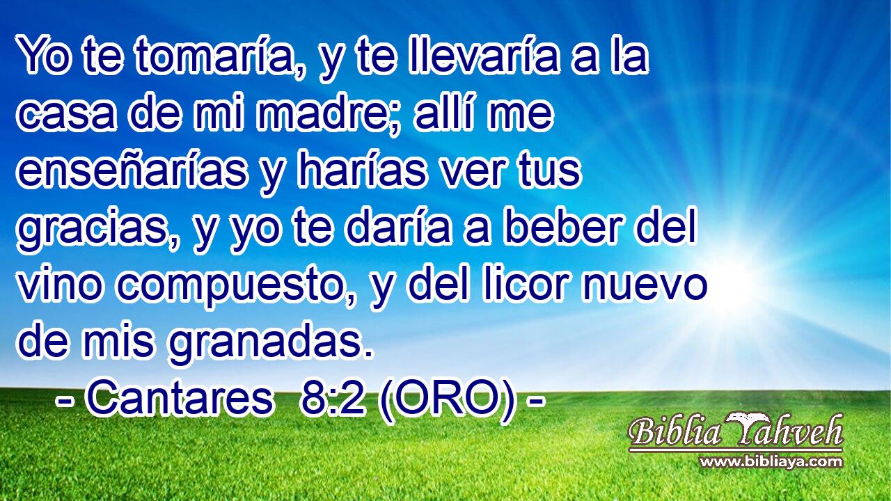  Yo te tomaría, y te llevaría a la casa de mi madre; allí me enseñarías y harías ver tus gracias, y yo te daría a beber del vino compuesto, y del licor nuevo de mis granadas. 