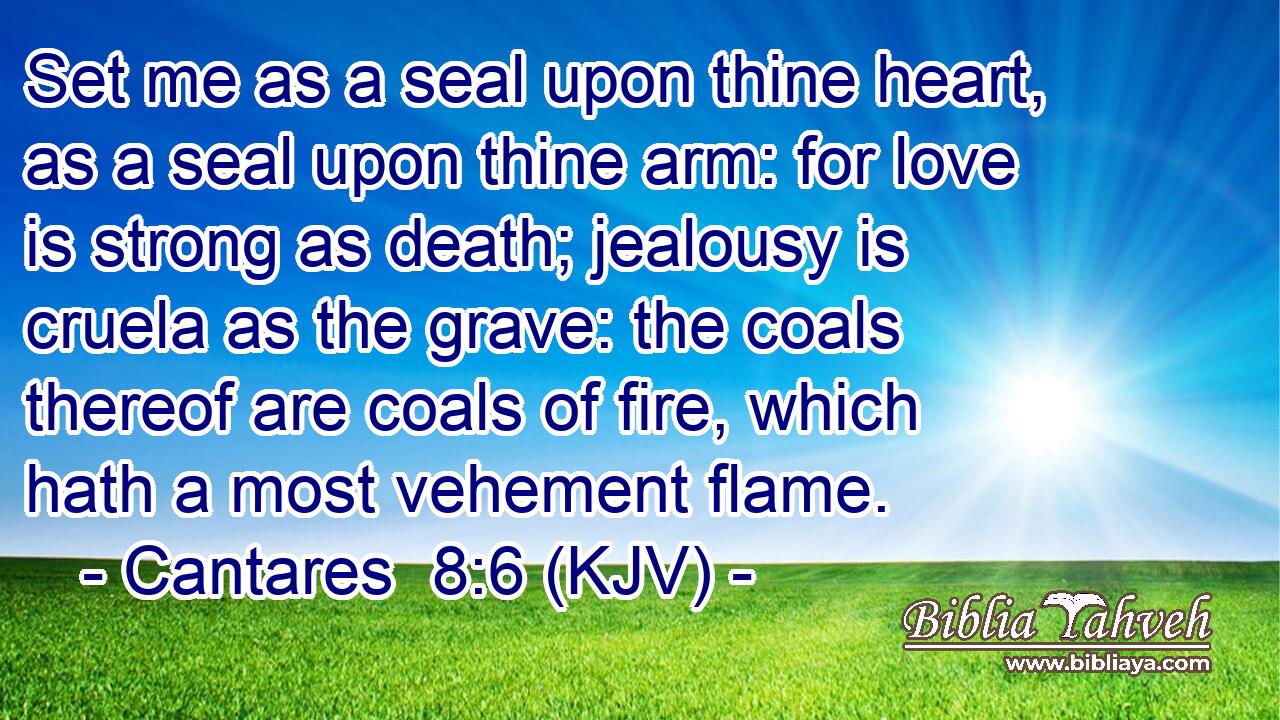 Set me as a seal upon thine heart, as a seal upon thine arm: for love is strong as death; jealousy is cruela as the grave: the coals thereof are coals of fire, which hath a most vehement flame.