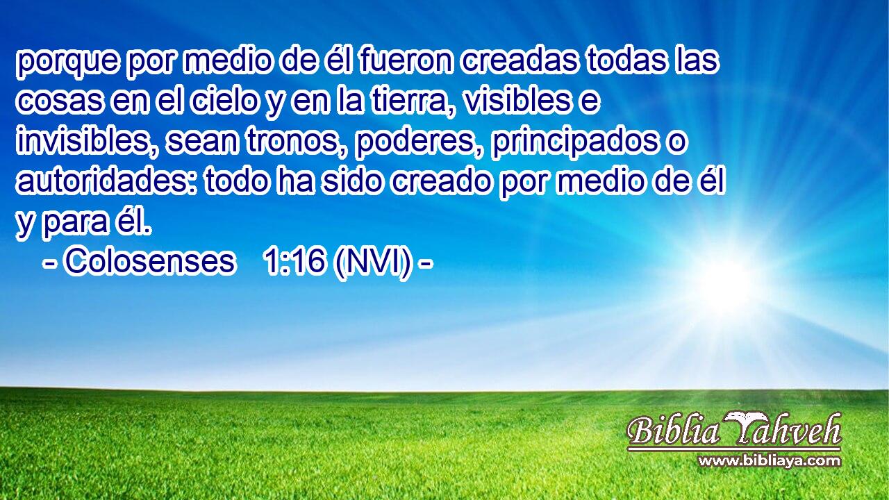  porque por medio de él fueron creadas todas las cosas en el cielo y en la tierra, visibles e invisibles, sean tronos, poderes, principados o autoridades: todo ha sido creado por medio de él y para él. 