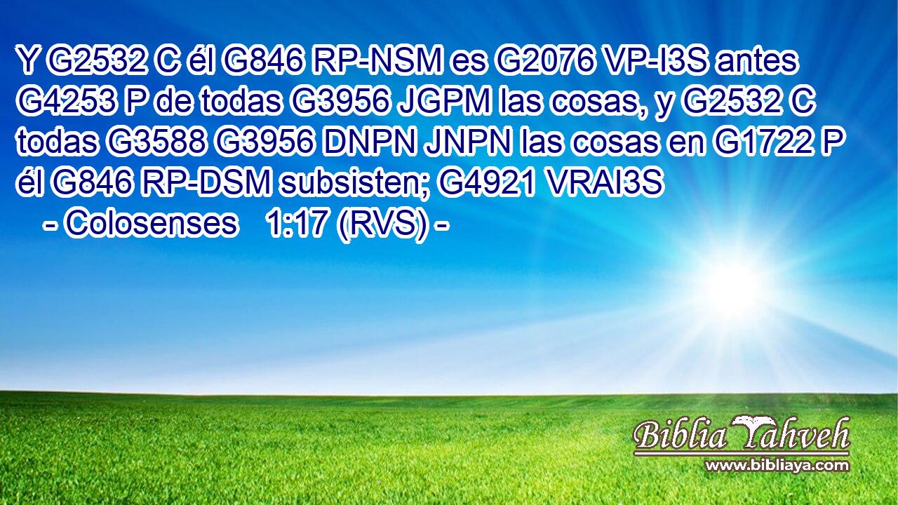 Y G2532 C él G846 RP-NSM es G2076 VP-I3S antes G4253 P de todas G3956 JGPM las cosas, y G2532 C todas G3588 G3956 DNPN JNPN las cosas en G1722 P él G846 RP-DSM subsisten; G4921 VRAI3S 
