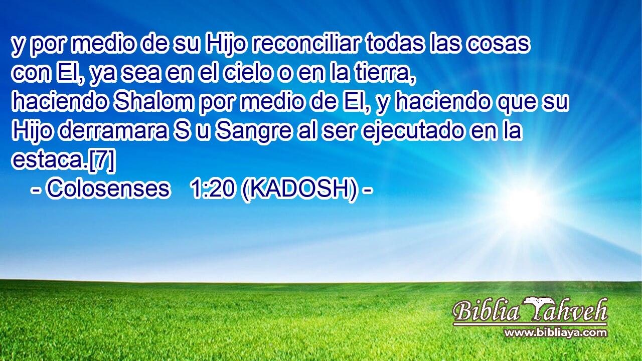  y por medio de su Hijo reconciliar todas las cosas con El, ya sea en el cielo o en la tierra, haciendo Shalom por medio de El, y haciendo que su Hijo derramara S u Sangre al ser ejecutado en la estaca.[7] 