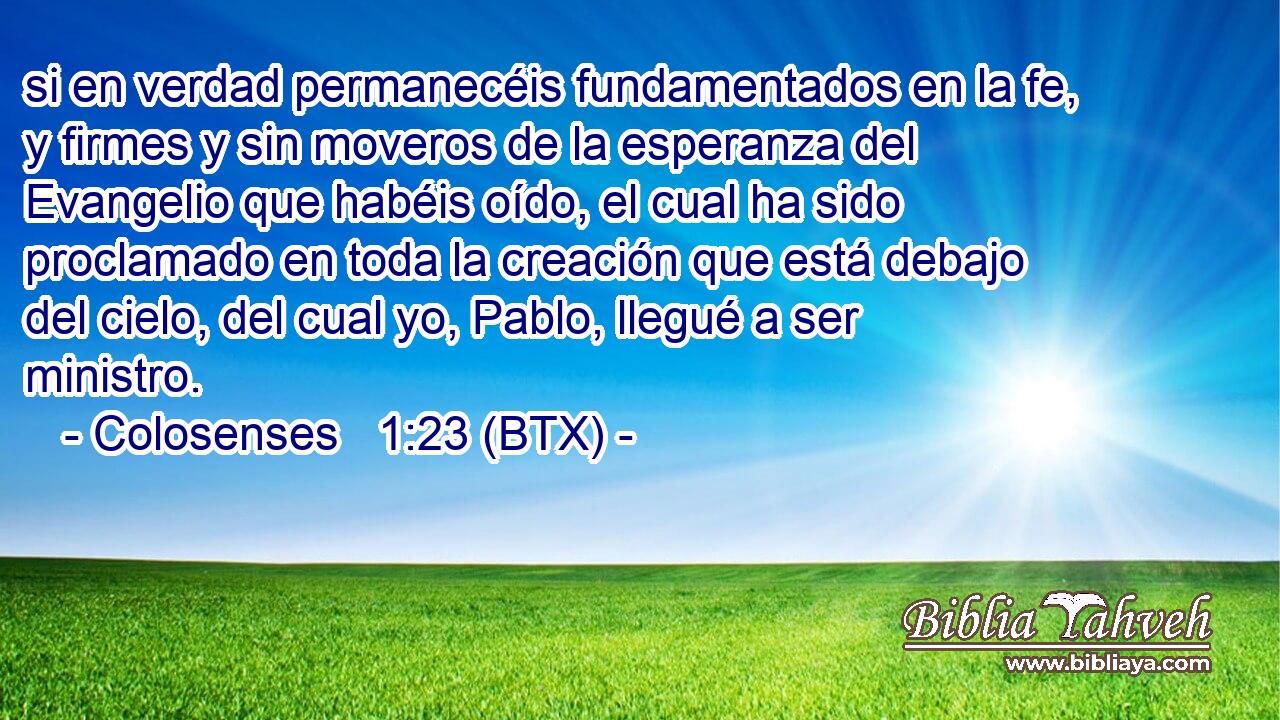si en verdad permanecéis fundamentados en la fe, y firmes y sin moveros de la esperanza del Evangelio que habéis oído, el cual ha sido proclamado en toda la creación que está debajo del cielo, del cual yo, Pablo, llegué a ser ministro.