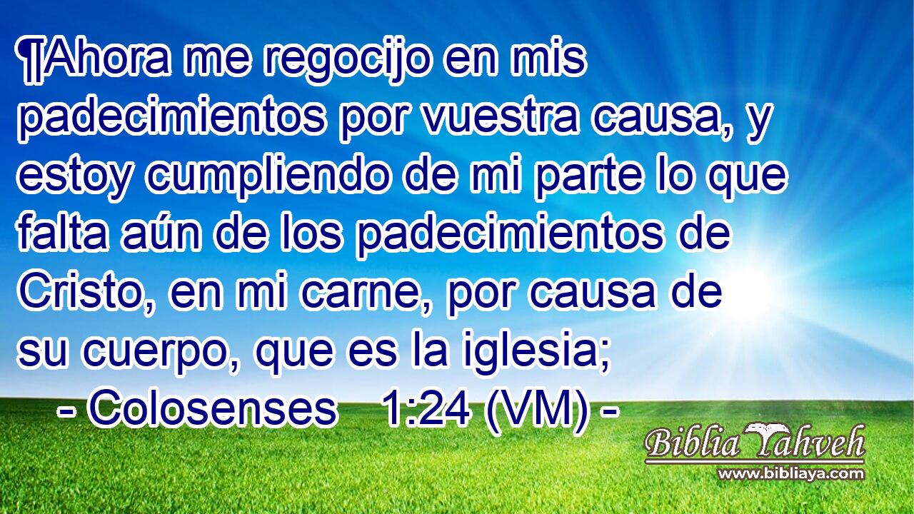  ¶Ahora me regocijo en mis padecimientos por vuestra causa, y estoy cumpliendo de mi parte lo que falta aún de los padecimientos de Cristo, en mi carne, por causa de su cuerpo, que es la iglesia; 