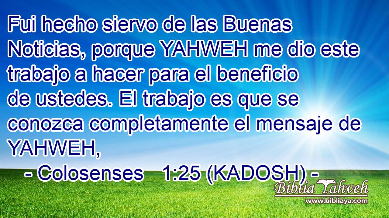  Fui hecho siervo de las Buenas Noticias, porque YAHWEH me dio este trabajo a hacer para el beneficio de ustedes. El trabajo es que se conozca completamente el mensaje de YAHWEH, 