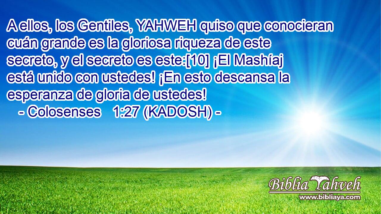  A ellos, los Gentiles, YAHWEH quiso que conocieran cuán grande es la gloriosa riqueza de este secreto, y el secreto es este:[10] ¡El Mashíaj está unido con ustedes! ¡En esto descansa la esperanza de gloria de ustedes! 