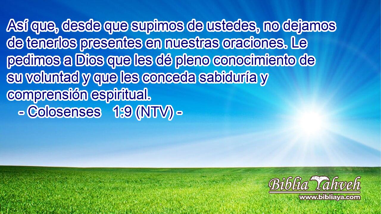 Así que, desde que supimos de ustedes, no dejamos de tenerlos presentes en nuestras oraciones. Le pedimos a Dios que les dé pleno conocimiento de su voluntad y que les conceda sabiduría y comprensión espiritual.