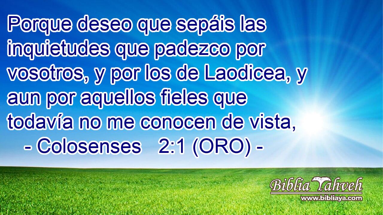  Porque deseo que sepáis las inquietudes que padezco por vosotros, y por los de Laodicea, y aun por aquellos fieles que todavía no me conocen de vista, 