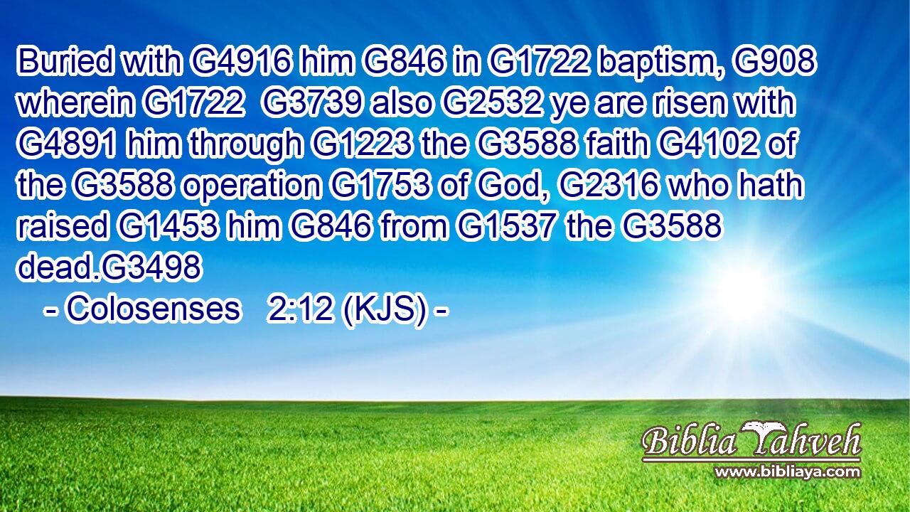 Buried with G4916 him G846 in G1722 baptism, G908 wherein G1722  G3739 also G2532 ye are risen with G4891 him through G1223 the G3588 faith G4102 of the G3588 operation G1753 of God, G2316 who hath raised G1453 him G846 from G1537 the G3588 dead.G3498