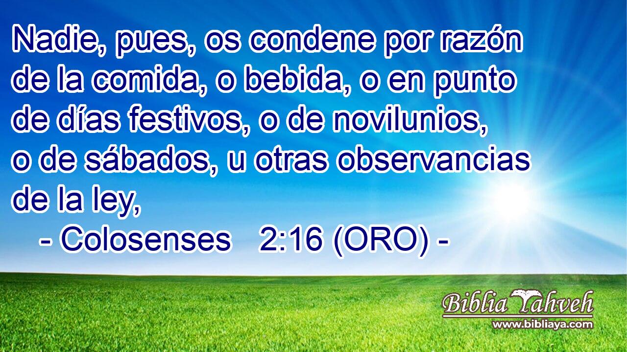  Nadie, pues, os condene por razón de la comida, o bebida, o en punto de días festivos, o de novilunios, o de sábados, u otras observancias de la ley, 