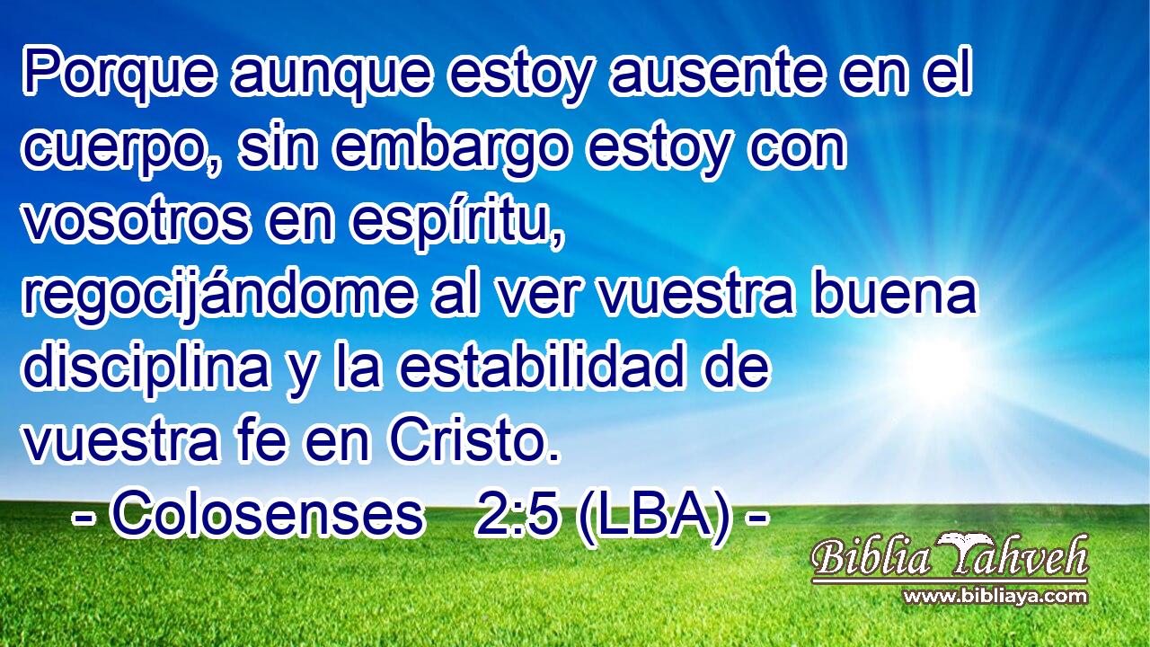 Porque aunque estoy ausente en el cuerpo, sin embargo estoy con vosotros en espíritu, regocijándome al ver vuestra buena disciplina y la estabilidad de vuestra fe en Cristo.