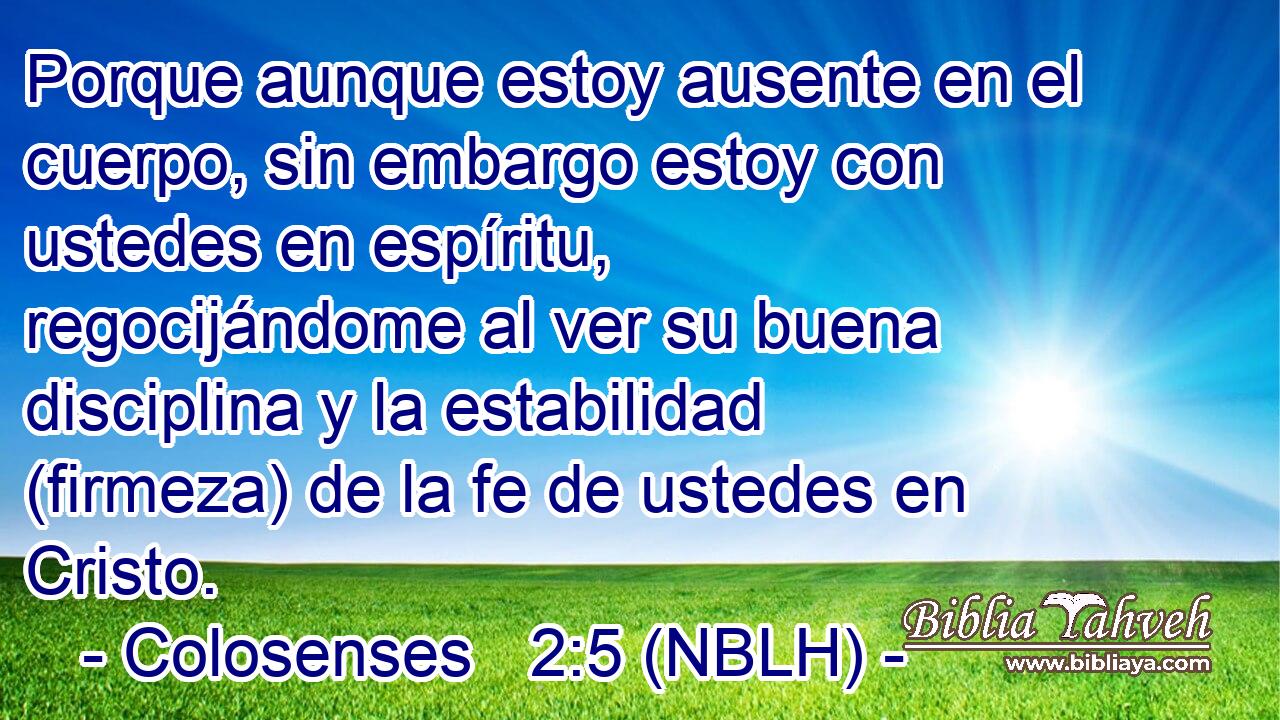  Porque aunque estoy ausente en el cuerpo, sin embargo estoy con ustedes en espíritu, regocijándome al ver su buena disciplina y la estabilidad (firmeza) de la fe de ustedes en Cristo. 
