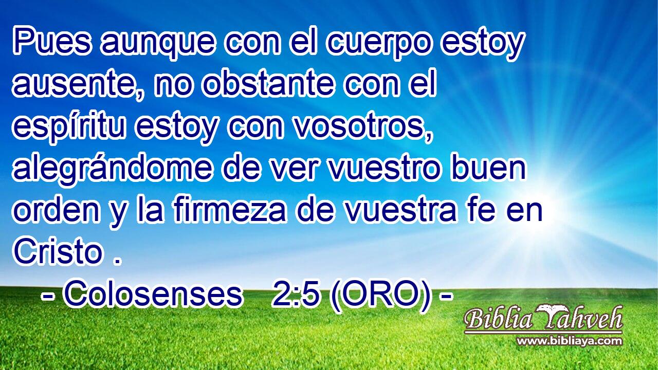  Pues aunque con el cuerpo estoy ausente, no obstante con el espíritu estoy con vosotros, alegrándome de ver vuestro buen orden y la firmeza de vuestra fe en Cristo . 