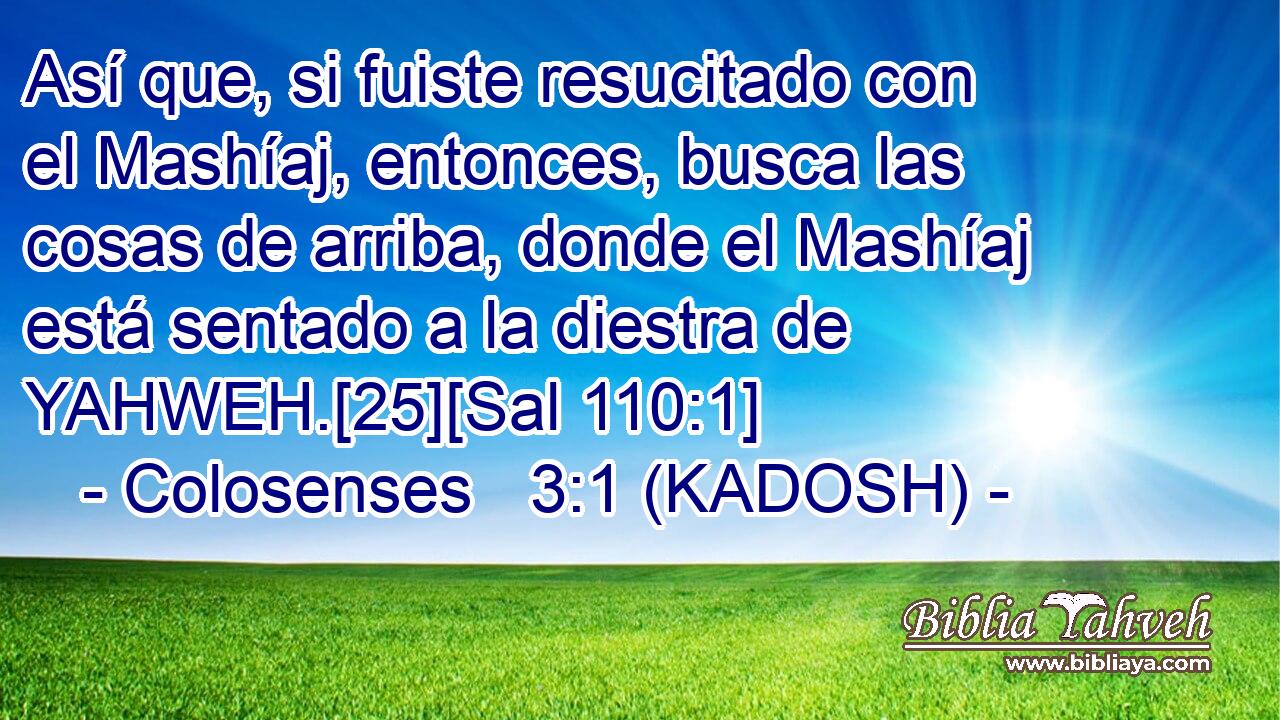  Así que, si fuiste resucitado con el Mashíaj, entonces, busca las cosas de arriba, donde el Mashíaj está sentado a la diestra de YAHWEH.[25][Sal 110:1] 