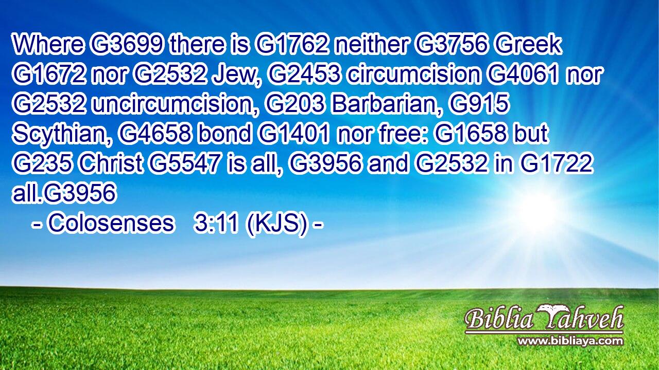 Where G3699 there is G1762 neither G3756 Greek G1672 nor G2532 Jew, G2453 circumcision G4061 nor G2532 uncircumcision, G203 Barbarian, G915 Scythian, G4658 bond G1401 nor free: G1658 but G235 Christ G5547 is all, G3956 and G2532 in G1722 all.G3956