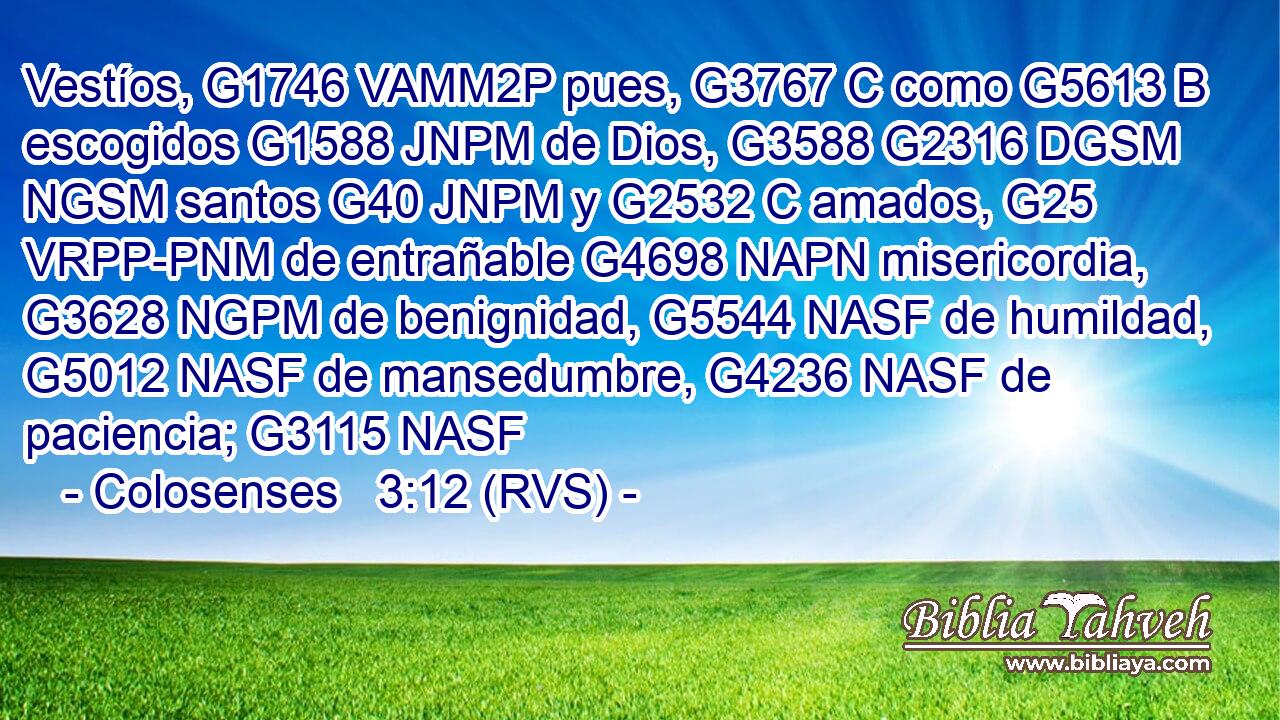 Vestíos, G1746 VAMM2P pues, G3767 C como G5613 B escogidos G1588 JNPM de Dios, G3588 G2316 DGSM NGSM santos G40 JNPM y G2532 C amados, G25 VRPP-PNM de entrañable G4698 NAPN misericordia, G3628 NGPM de benignidad, G5544 NASF de humildad, G5012 NASF de mansedumbre, G4236 NASF de paciencia; G3115 NASF 