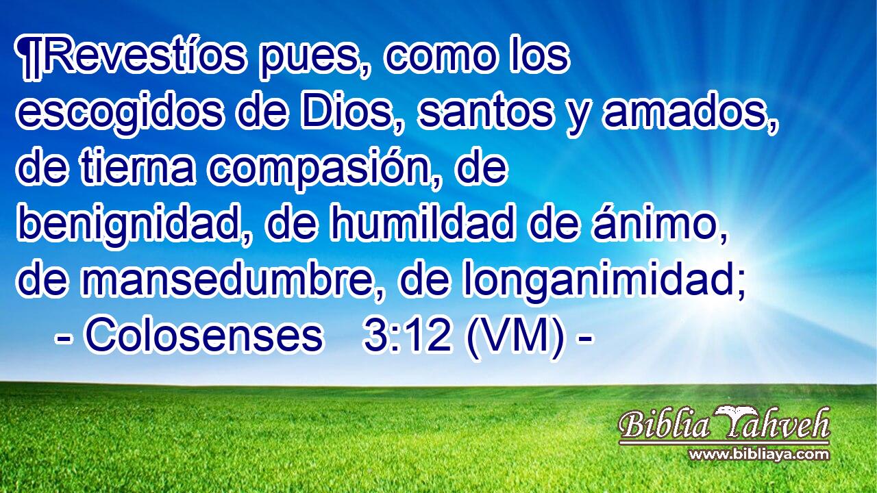  ¶Revestíos pues, como los escogidos de Dios, santos y amados, de tierna compasión, de benignidad, de humildad de ánimo, de mansedumbre, de longanimidad; 